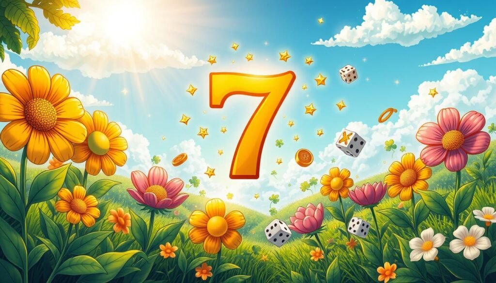 A whimsical and enchanting scene centered around the number 7, creatively depicted in a lush green landscape. In the foreground, seven vibrant, oversized flowers, each uniquely designed and symbolizing different cultures' interpretations of luck, bloom joyfully. In the middle ground, playful illustrations of lucky symbols like four-leaf clovers, golden coins, and rolling dice surround the number 7, adorned with sparkling stars and soft glowing light. The background features a tranquil blue sky with fluffy white clouds drifting by, infused with warm sun rays casting a golden hue over the entire scene. The mood is light-hearted, inspiring curiosity and a sense of wonder about the significance of the number 7 in various cultures. The image should evoke a sense of magic and harmony without any text or distractions. A whimsical and enchanting scene centered around the number 7, creatively depicted in a lush green landscape. In the foreground, seven vibrant, oversized flowers, each uniquely designed and symbolizing different cultures' interpretations of luck, bloom joyfully. In the middle ground, playful illustrations of lucky symbols like four-leaf clovers, golden coins, and rolling dice surround the number 7, adorned with sparkling stars and soft glowing light. The background features a tranquil blue sky with fluffy white clouds drifting by, infused with warm sun rays casting a golden hue over the entire scene. The mood is light-hearted, inspiring curiosity and a sense of wonder about the significance of the number 7 in various cultures. The image should evoke a sense of magic and harmony without any text or distractions.