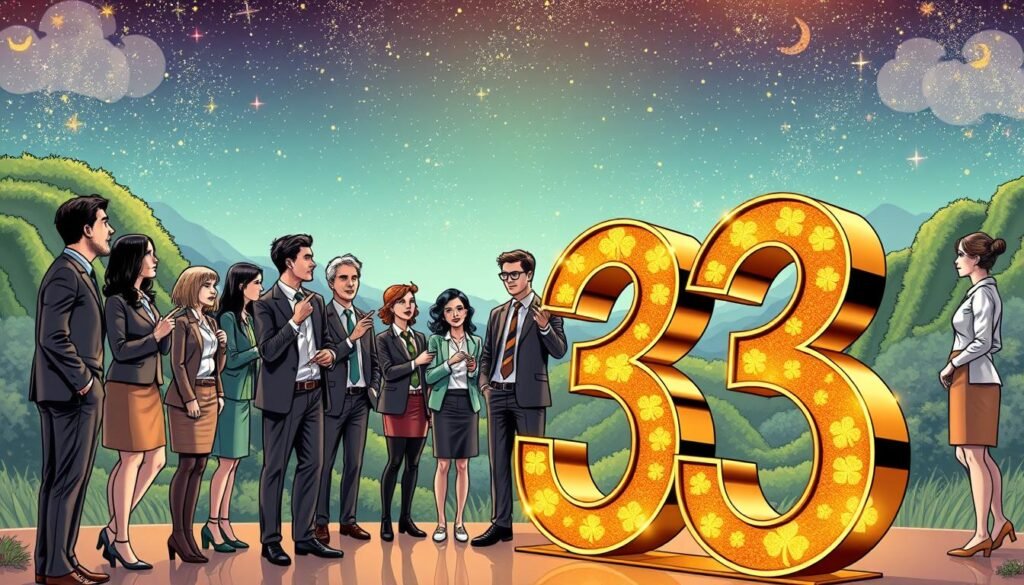 A whimsical and thought-provoking composition exploring the concept of 33 as a lucky number. In the foreground, a large, shimmering golden number "33" adorned with intricate patterns of symbols representing luck, like four-leaf clovers and horseshoes. The middle ground features a diverse group of people from various backgrounds, dressed in professional business attire, casually discussing the number while pointing at it with intrigue. In the background, a magical landscape unfolds, blending subtle starlit skies and lush greenery, creating an enchanting atmosphere that suggests positivity and hope. Soft, warm lighting casts a glow over the scene, evoking a sense of wonder and curiosity. The perspective is slightly elevated, giving an encompassing view of the interactions while focusing on the centerpiece of the number 33. A whimsical and thought-provoking composition exploring the concept of 33 as a lucky number. In the foreground, a large, shimmering golden number "33" adorned with intricate patterns of symbols representing luck, like four-leaf clovers and horseshoes. The middle ground features a diverse group of people from various backgrounds, dressed in professional business attire, casually discussing the number while pointing at it with intrigue. In the background, a magical landscape unfolds, blending subtle starlit skies and lush greenery, creating an enchanting atmosphere that suggests positivity and hope. Soft, warm lighting casts a glow over the scene, evoking a sense of wonder and curiosity. The perspective is slightly elevated, giving an encompassing view of the interactions while focusing on the centerpiece of the number 33.