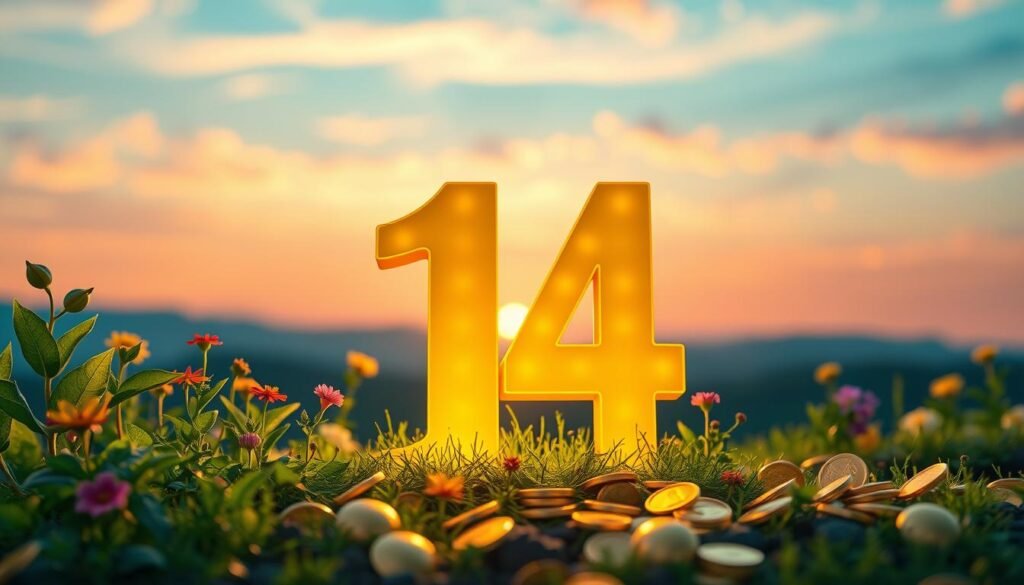A whimsical and thought-provoking scene depicting the number 14 as a vibrant, glowing symbol in the foreground, gently illuminated by soft, warm lighting. Surrounding the number, lush green plants and colorful flowers symbolize growth and luck, while shimmering golden coins lay scattered around to evoke a sense of fortune. In the background, a serene landscape features a sunrise with a gradient sky transitioning from azure blue to soft pink, creating a hopeful atmosphere. The lens should have a slight blur effect in the distance to emphasize the foreground details, while capturing a sense of harmony and wonder, inviting viewers to ponder the significance of 14 as a lucky number. The overall mood is uplifting and enchanting, encouraging curiosity and exploration. A whimsical and thought-provoking scene depicting the number 14 as a vibrant, glowing symbol in the foreground, gently illuminated by soft, warm lighting. Surrounding the number, lush green plants and colorful flowers symbolize growth and luck, while shimmering golden coins lay scattered around to evoke a sense of fortune. In the background, a serene landscape features a sunrise with a gradient sky transitioning from azure blue to soft pink, creating a hopeful atmosphere. The lens should have a slight blur effect in the distance to emphasize the foreground details, while capturing a sense of harmony and wonder, inviting viewers to ponder the significance of 14 as a lucky number. The overall mood is uplifting and enchanting, encouraging curiosity and exploration.