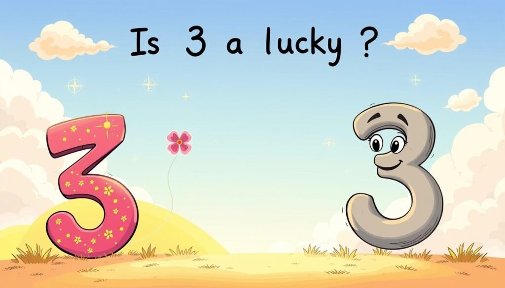 A whimsical and thoughtful illustration exploring the concept of "Is 3 a lucky number?" In the foreground, depict three vibrant, oversized number 3s, each uniquely designed: one with sparkles and gold, another decorated with delicate flowers, and the last, a playful representation with cartoonish features. In the middle ground, create a soft gradient that shifts from bright, sunny yellow on one side, evoking positivity, to a more subdued gray on the other, suggesting a more neutral view on luck. The background should feature a dreamy sky with fluffy clouds, adding to the whimsical atmosphere. The lighting is warm and inviting, casting gentle shadows that enhance the playfulness of the scene. The overall mood is optimistic yet contemplative, inviting the viewer to ponder the significance of the number 3.