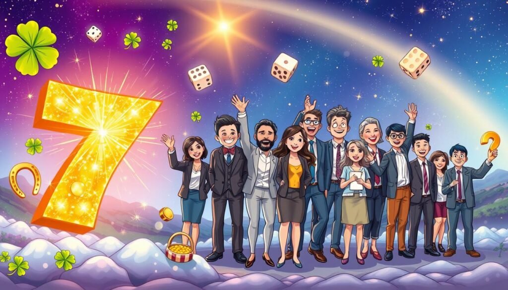 A whimsical and vibrant illustration depicting the concept of "Seven as a Lucky Number." In the foreground, a large, golden number seven glitters with sparkles, surrounded by symbols of luck such as four-leaf clovers, horseshoes, and dice showing a seven. In the middle ground, a diverse group of people of varying ages and ethnicities are joyfully celebrating, dressed in professional attire, with expressions of excitement and wonder. The background features a dreamy landscape filled with starry skies and a gradient of deep blues and purples, enhancing the sense of magic and positivity. The atmosphere is bright and cheerful, with soft, enchanting lighting that casts gentle shadows. The image is captured from a slightly low angle, giving a sense of grandeur and importance to the number seven. A whimsical and vibrant illustration depicting the concept of "Seven as a Lucky Number." In the foreground, a large, golden number seven glitters with sparkles, surrounded by symbols of luck such as four-leaf clovers, horseshoes, and dice showing a seven. In the middle ground, a diverse group of people of varying ages and ethnicities are joyfully celebrating, dressed in professional attire, with expressions of excitement and wonder. The background features a dreamy landscape filled with starry skies and a gradient of deep blues and purples, enhancing the sense of magic and positivity. The atmosphere is bright and cheerful, with soft, enchanting lighting that casts gentle shadows. The image is captured from a slightly low angle, giving a sense of grandeur and importance to the number seven.