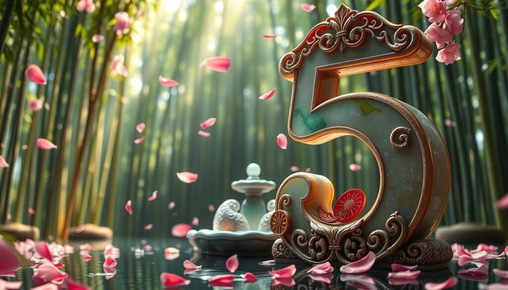 An artistic representation focusing on the number 5, intricately designed with ornate Chinese motifs that symbolize luck and fortune. In the foreground, a large, stylized number 5 made of jade stone, glistening under soft, warm lighting. Surrounding it, delicate cherry blossom petals gently fall like confetti, representing beauty and good fortune. In the middle, incorporate elements such as traditional Chinese coins and a small, serene fountain that reflects the light, enhancing the sense of tranquility. In the background, a lush bamboo forest adds depth, with dappled sunlight filtering through the leaves, creating a calm and peaceful atmosphere. The composition should evoke a sense of wonder and exploration into the cultural significance of the number 5 in Chinese traditions.