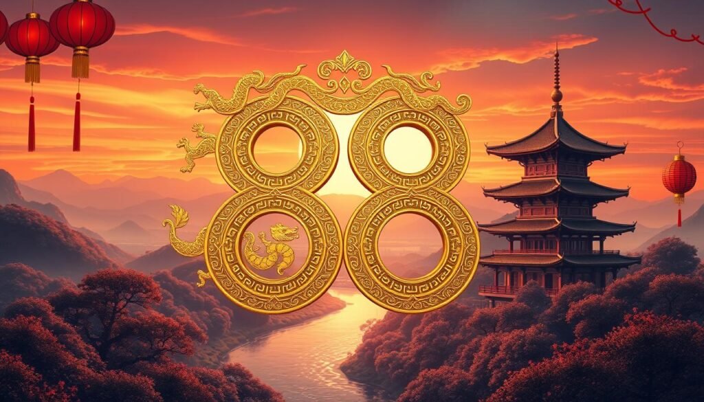 An elaborate depiction of the number 88, intricately designed in traditional Chinese calligraphy, surrounded by symbolic elements of Chinese culture. In the foreground, a golden 88 shines brightly, adorned with auspicious motifs like dragons, clouds, and red lanterns. The middle layer features a serene landscape with rolling hills and a tranquil river, reflecting the harmony of nature. In the background, a traditional Chinese pagoda stands against a vibrant sunset, casting warm orange and pink hues across the sky. Soft, diffused lighting adds a magical atmosphere, evoking a sense of peace and prosperity associated with the number 88. The overall mood is celebratory and reverent, capturing the essence of luck and cultural significance. An elaborate depiction of the number 88, intricately designed in traditional Chinese calligraphy, surrounded by symbolic elements of Chinese culture. In the foreground, a golden 88 shines brightly, adorned with auspicious motifs like dragons, clouds, and red lanterns. The middle layer features a serene landscape with rolling hills and a tranquil river, reflecting the harmony of nature. In the background, a traditional Chinese pagoda stands against a vibrant sunset, casting warm orange and pink hues across the sky. Soft, diffused lighting adds a magical atmosphere, evoking a sense of peace and prosperity associated with the number 88. The overall mood is celebratory and reverent, capturing the essence of luck and cultural significance.
