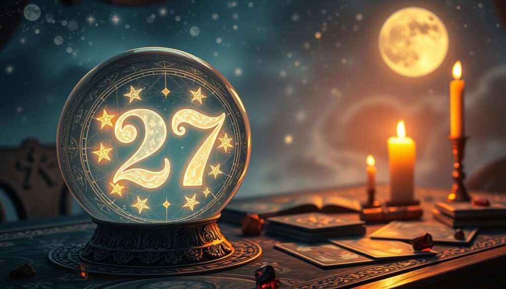 An ethereal and mystical composition illustrating the numerology significance of the number 27. In the foreground, a large, ornate crystal ball reflects the number "27" intricately carved into its surface, surrounded by glowing astrological symbols like stars and moons, suggesting a sense of luck and fate. The middle ground features a table adorned with esoteric tools, such as tarot cards, gemstones, and incense, casting soft, warm illumination. In the background, a dreamy night sky adorned with twinkling stars and a glowing full moon enhances the magical atmosphere. The scene is bathed in a faint, enchanting light, creating an inviting and contemplative mood, ideal for exploring the spiritual significance of numbers. Use a soft focus to evoke a sense of wonder and deep introspection. An ethereal and mystical composition illustrating the numerology significance of the number 27. In the foreground, a large, ornate crystal ball reflects the number "27" intricately carved into its surface, surrounded by glowing astrological symbols like stars and moons, suggesting a sense of luck and fate. The middle ground features a table adorned with esoteric tools, such as tarot cards, gemstones, and incense, casting soft, warm illumination. In the background, a dreamy night sky adorned with twinkling stars and a glowing full moon enhances the magical atmosphere. The scene is bathed in a faint, enchanting light, creating an inviting and contemplative mood, ideal for exploring the spiritual significance of numbers. Use a soft focus to evoke a sense of wonder and deep introspection.