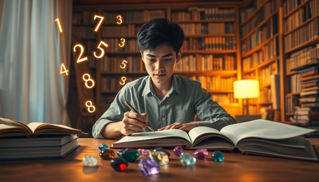 An ethereal, serene scene depicting a person sitting in a cozy, illuminated study, surrounded by open books and mystical number charts. The foreground features a young adult of Asian descent, dressed in smart casual clothing, focused intently on a handwritten journal with their date of birth inscribed. Various symbolic numbers subtly float around them, glowing softly. In the middle ground, a large wooden table is scattered with colorful gemstones representing different numbers, all under warm, soft lighting. The background reveals a wall lined with bookshelves, filled with volumes on numerology and astrology. The atmosphere is one of curiosity and introspection, inviting viewers to explore the meaning behind numbers, accentuated by gentle bokeh effects in the lighting.