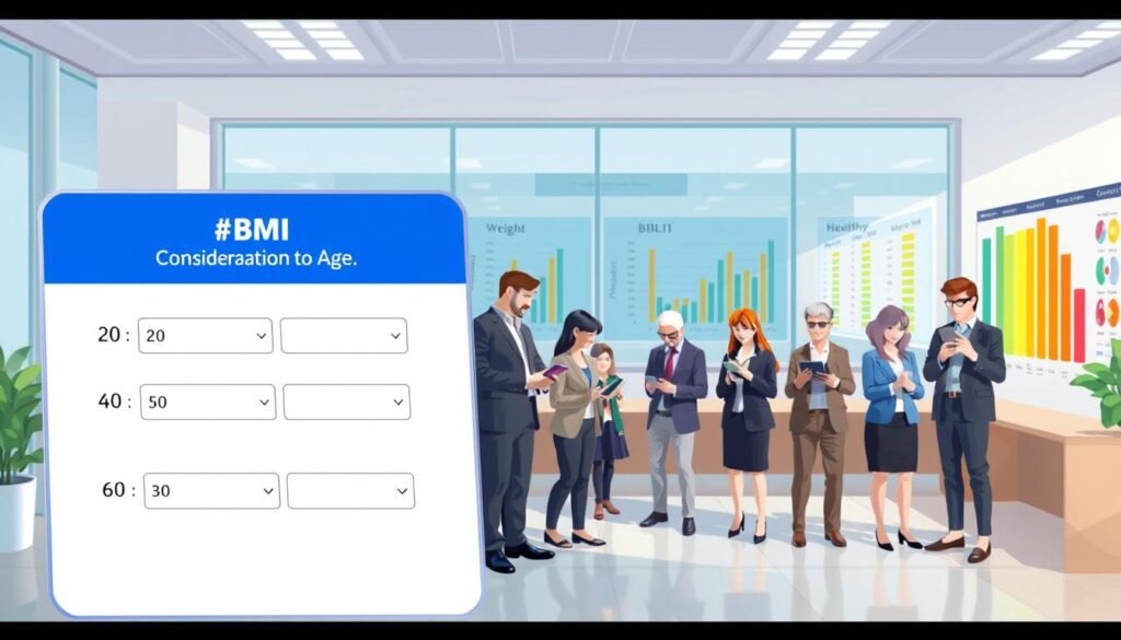 An informative and visually appealing illustration depicting a step-by-step guide to using a BMI calculator with consideration of age. In the foreground, a clear and user-friendly BMI calculator interface is shown, featuring input fields for height, weight, and age. The middle layer includes a diverse group of individuals aged 20 to 60 years, dressed in professional business attire, each interacting with digital devices, engaged in measuring their health metrics. The background features a modern, well-lit office environment with charts of healthy BMI ranges on the walls. Soft, natural lighting enhances the atmosphere of health awareness and informed decision-making, shot from a slight high angle to provide a comprehensive view of the scene, promoting a sense of engagement and motivation for health tracking.