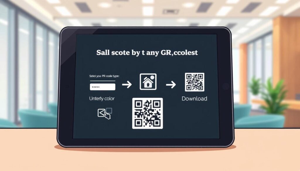 An informative illustration depicting the steps to generate a QR code. In the foreground, a sleek tablet with an open QR code generator application, showing a simple and intuitive interface. In the middle, a sequence of steps represented visually: selecting a QR code type, entering relevant information, customizing colors, and finally downloading the QR code. Each step is symbolized with engaging icons and arrows to guide the viewer. The background features a bright and modern office setting with soft ambient lighting, creating a professional yet approachable atmosphere. The image should focus on clarity and coherence, avoiding any text or captions while emphasizing the ease of making your own QR code. An informative illustration depicting the steps to generate a QR code. In the foreground, a sleek tablet with an open QR code generator application, showing a simple and intuitive interface. In the middle, a sequence of steps represented visually: selecting a QR code type, entering relevant information, customizing colors, and finally downloading the QR code. Each step is symbolized with engaging icons and arrows to guide the viewer. The background features a bright and modern office setting with soft ambient lighting, creating a professional yet approachable atmosphere. The image should focus on clarity and coherence, avoiding any text or captions while emphasizing the ease of making your own QR code.