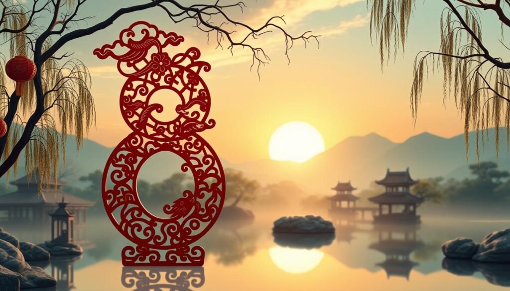 An intricately designed representation of the number 8, prominently displayed in the foreground, symbolizing its significance in Chinese culture. The number should be artistically adorned with traditional Chinese motifs such as clouds and dragons, signifying prosperity and good fortune. In the middle ground, a backdrop of a serene Chinese landscape with a tranquil pond and willow trees, subtly reflecting the number 8's shape in the water. In the background, majestic mountains under a soft, golden sunset, illuminating the sky with warm hues. The overall mood is festive and auspicious, evoking feelings of luck and hope. Use soft, diffused lighting to create a sense of warmth and harmony, with a wide-angle lens to capture the entire composition seamlessly. An intricately designed representation of the number 8, prominently displayed in the foreground, symbolizing its significance in Chinese culture. The number should be artistically adorned with traditional Chinese motifs such as clouds and dragons, signifying prosperity and good fortune. In the middle ground, a backdrop of a serene Chinese landscape with a tranquil pond and willow trees, subtly reflecting the number 8's shape in the water. In the background, majestic mountains under a soft, golden sunset, illuminating the sky with warm hues. The overall mood is festive and auspicious, evoking feelings of luck and hope. Use soft, diffused lighting to create a sense of warmth and harmony, with a wide-angle lens to capture the entire composition seamlessly.