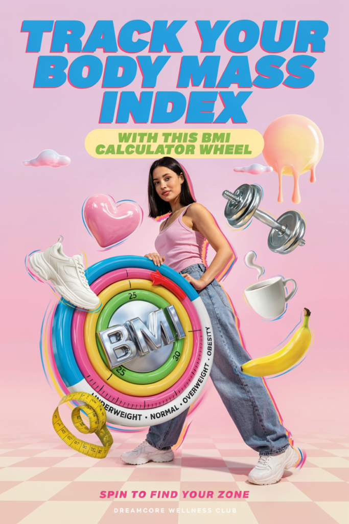 A well-organized graphic illustration depicting the concept of Body Mass Index (BMI) and associated health risks. In the foreground, a diverse group of individuals in professional business attire (e.g., suit and dress shirt for men, smart blazer and blouse for women) standing together, some looking at a handheld BMI calculator wheel. In the middle ground, an educational chart outlining the BMI categories (underweight, normal weight, overweight, obesity) presented in vibrant colors for clarity. In the background, a serene health-themed environment with soft lighting, including elements like fruits, vegetables, and exercise equipment. The mood conveys a sense of awareness and empowerment around health and fitness, with a soft focus lens that enhances the informative atmosphere. BMI Calculator Wheel