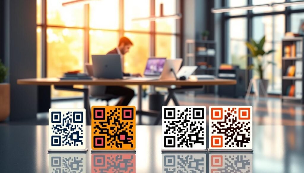 Design options for QR codes in a sleek, modern setting. In the foreground, showcase a variety of creatively designed QR codes with distinct colors, shapes, and artistic patterns, each standing out on individual sleek surfaces. In the middle ground, display a designer's workspace with high-tech tools, color palettes, and digital devices where a professional in business attire is actively customizing QR codes on a laptop. The background features a vibrant, softly blurred office environment with natural light streaming in through large windows, creating an uplifting atmosphere. The overall mood is innovative and dynamic, highlighting the creative possibilities of QR code design. Design options for QR codes in a sleek, modern setting. In the foreground, showcase a variety of creatively designed QR codes with distinct colors, shapes, and artistic patterns, each standing out on individual sleek surfaces. In the middle ground, display a designer's workspace with high-tech tools, color palettes, and digital devices where a professional in business attire is actively customizing QR codes on a laptop. The background features a vibrant, softly blurred office environment with natural light streaming in through large windows, creating an uplifting atmosphere. The overall mood is innovative and dynamic, highlighting the creative possibilities of QR code design.