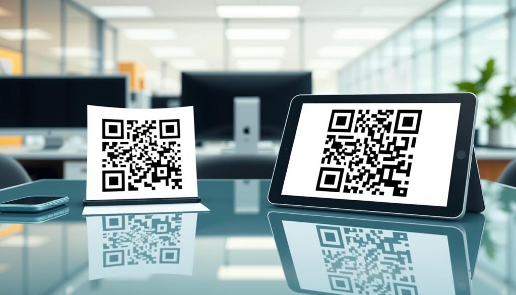 Foreground: A split scene illustrating the difference between static and dynamic QR codes. On the left, a static QR code printed on paper, surrounded by a smartphone showing its unchanging link. On the right, a dynamic QR code displayed on a tablet, with visuals of a digital interface indicating it's editable, possibly animated. Middle: A deep focus captures the QR codes, with a reflective glass table adding depth to the image and highlighting the technology aspect. Background: A softly blurred office environment with tech gadgets like laptops and monitors, emphasizing a knowledgeable, professional atmosphere. Lighting: Bright, even lighting with soft shadows enhances clarity without harsh contrasts, creating an inviting, tech-savvy mood. Lens: A moderate wide-angle to capture both codes distinctly while maintaining an intimate, focused ensemble around them. Foreground: A split scene illustrating the difference between static and dynamic QR codes. On the left, a static QR code printed on paper, surrounded by a smartphone showing its unchanging link. On the right, a dynamic QR code displayed on a tablet, with visuals of a digital interface indicating it's editable, possibly animated. Middle: A deep focus captures the QR codes, with a reflective glass table adding depth to the image and highlighting the technology aspect. Background: A softly blurred office environment with tech gadgets like laptops and monitors, emphasizing a knowledgeable, professional atmosphere. Lighting: Bright, even lighting with soft shadows enhances clarity without harsh contrasts, creating an inviting, tech-savvy mood. Lens: A moderate wide-angle to capture both codes distinctly while maintaining an intimate, focused ensemble around them.