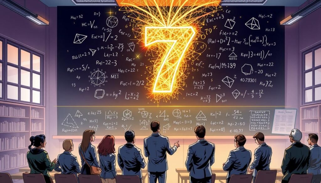 In a captivating scene, visualize the concept of "The Math Behind the Magic of Seven" with a large, glowing number seven at the center, embellished with intricate mathematical symbols and formulas cascading around it. In the foreground, place a diverse group of individuals, dressed in professional business attire, intently discussing and pointing at a large chalkboard filled with equations related to the number seven—like its mathematical properties and significance. The middle ground features abstract visual elements such as geometric shapes representing harmony and balance. The background is a softly lit classroom setting, with shelves lined with books and a large window allowing gentle sunlight to filter in, creating a warm and inspiring atmosphere. The overall mood reflects curiosity and excitement, inviting viewers into the enchanting world of mathematics. In a captivating scene, visualize the concept of "The Math Behind the Magic of Seven" with a large, glowing number seven at the center, embellished with intricate mathematical symbols and formulas cascading around it. In the foreground, place a diverse group of individuals, dressed in professional business attire, intently discussing and pointing at a large chalkboard filled with equations related to the number seven—like its mathematical properties and significance. The middle ground features abstract visual elements such as geometric shapes representing harmony and balance. The background is a softly lit classroom setting, with shelves lined with books and a large window allowing gentle sunlight to filter in, creating a warm and inspiring atmosphere. The overall mood reflects curiosity and excitement, inviting viewers into the enchanting world of mathematics.