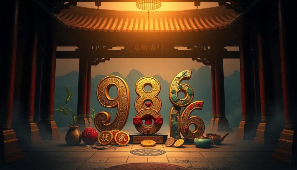 In a dimly lit, atmospheric setting resembling an ancient Chinese temple, the number 9 stands prominently in the foreground, embellished with intricate gold patterns and surrounded by cultural symbols of luck, such as bamboo and coins. In the middle, other lucky numbers like 8 and 6 are stacked nearby, each uniquely styled – 8 adorned with red silk and 6 featuring jade elements, signifying their respective lucky meanings. The background reveals the faint outline of a serene landscape with mountains and mist, creating a mystical ambiance. Soft, warm lighting casts gentle shadows, enhancing the richness of the colors and the tranquility of the scene. The mood is contemplative, inviting reflection on the significance of luck in culture.