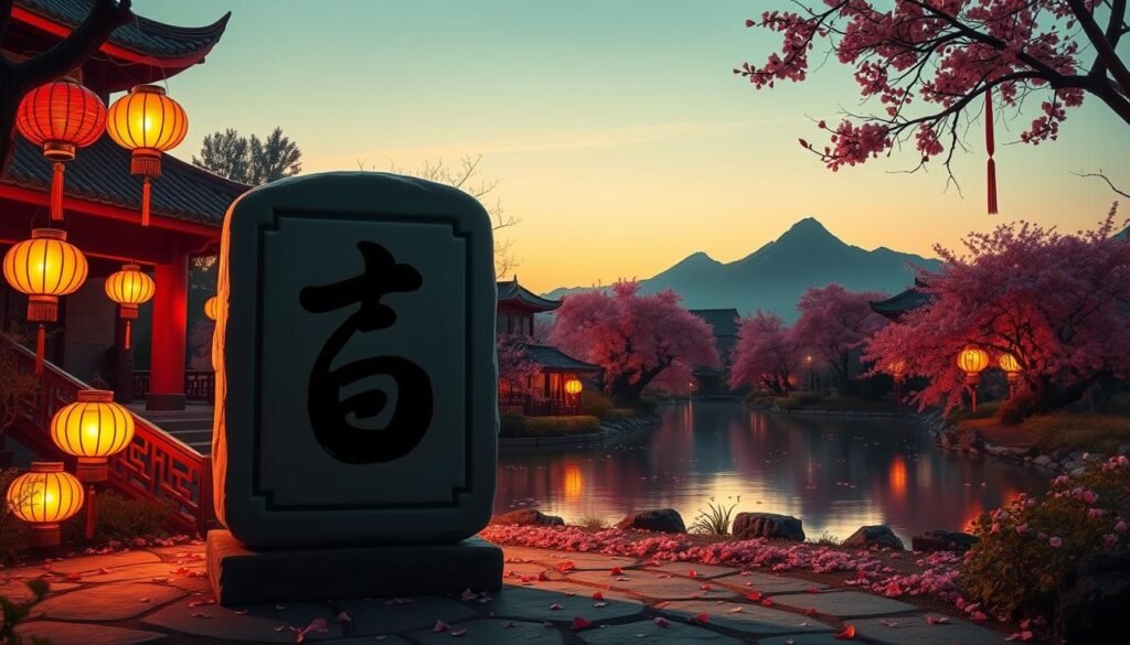 In a serene Chinese garden, a large jade stone inscribed with the number 6 stands prominently in the foreground, symbolizing good fortune. Surrounding it, traditional Chinese lanterns glow softly, casting a warm, inviting light. In the middle ground, a gentle river reflects the vibrant colors of cherry blossom trees in full bloom, their petals drifting lazily on the water's surface. In the background, elegant mountains rise under a clear sky at dusk, adding depth and tranquility. The scene is bathed in a golden hour glow, enhancing the sense of harmony and prosperity. This composition conveys a peaceful, uplifting mood that embodies the connection between pronunciation and luck in Chinese culture. In a serene Chinese garden, a large jade stone inscribed with the number 6 stands prominently in the foreground, symbolizing good fortune. Surrounding it, traditional Chinese lanterns glow softly, casting a warm, inviting light. In the middle ground, a gentle river reflects the vibrant colors of cherry blossom trees in full bloom, their petals drifting lazily on the water's surface. In the background, elegant mountains rise under a clear sky at dusk, adding depth and tranquility. The scene is bathed in a golden hour glow, enhancing the sense of harmony and prosperity. This composition conveys a peaceful, uplifting mood that embodies the connection between pronunciation and luck in Chinese culture.