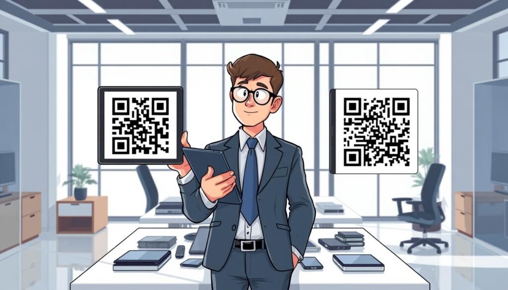 In a sleek, modern office environment, a professional business person in smart casual attire stands in the foreground, analyzing two distinct QR codes on tablet screens. The left side displays a static QR code, represented simply as a black-and-white square, while the right showcases a vibrant dynamic QR code, filled with intricate patterns and colors. In the middle ground, a stylish desk cluttered with digital devices, mobile phones, and tablets enhances the tech-savvy vibe. The background features a contemporary workspace with large windows allowing soft natural light to illuminate the scene, casting gentle shadows. The overall mood is informative and engaging, emphasizing the contrast between static and dynamic QR codes while maintaining a professional atmosphere. Capture this scene with a slightly elevated camera angle to encompass the entire workspace, focusing on clarity and detail.