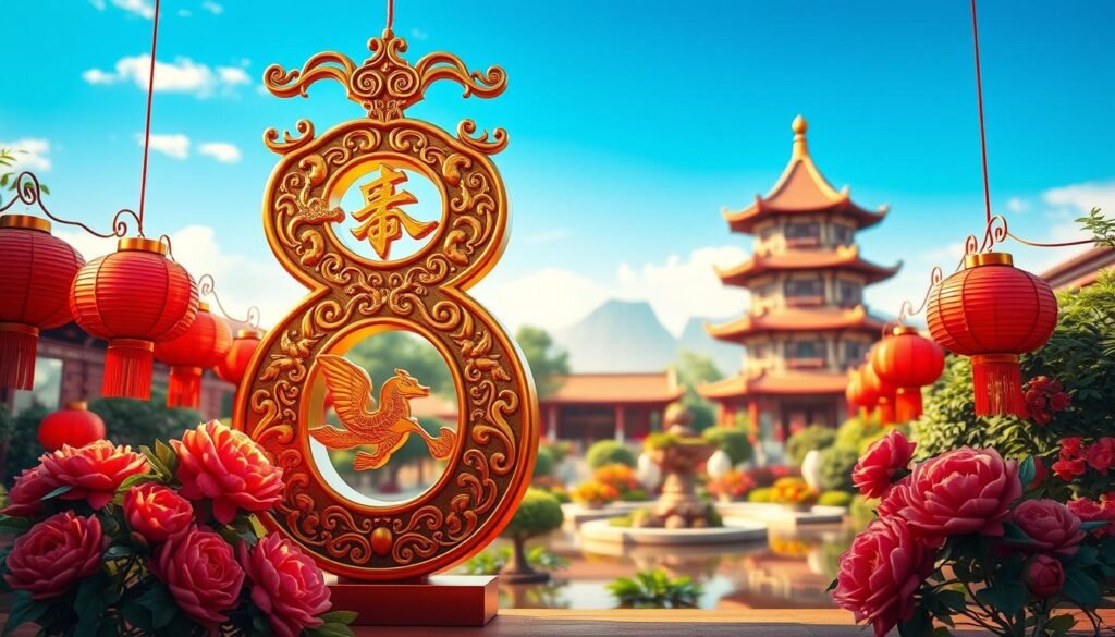 In the foreground, prominently display a large, ornate golden number 8, intricately designed with traditional Chinese motifs such as dragons and clouds, reflecting light elegantly. Surrounding the number, depict vibrant red lanterns and peonies, symbolizing good fortune and happiness. In the middle ground, illustrate a serene Chinese garden with lush greenery and a small koi pond, evoking tranquility and prosperity. In the background, include a softly blurred image of a majestic pagoda under a clear blue sky, adding cultural depth. The lighting should be warm and inviting, casting gentle shadows to enhance the richness of the colors. Capture the scene from a slightly elevated angle, creating a sense of reverence and celebration, evoking a mood of optimism and festivity. In the foreground, prominently display a large, ornate golden number 8, intricately designed with traditional Chinese motifs such as dragons and clouds, reflecting light elegantly. Surrounding the number, depict vibrant red lanterns and peonies, symbolizing good fortune and happiness. In the middle ground, illustrate a serene Chinese garden with lush greenery and a small koi pond, evoking tranquility and prosperity. In the background, include a softly blurred image of a majestic pagoda under a clear blue sky, adding cultural depth. The lighting should be warm and inviting, casting gentle shadows to enhance the richness of the colors. Capture the scene from a slightly elevated angle, creating a sense of reverence and celebration, evoking a mood of optimism and festivity.