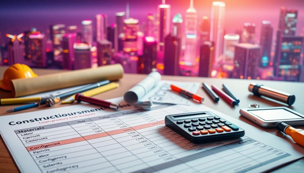 A detailed construction budget breakdown for loan requirements, featuring a sleek and modern layout in vibrant neon colors. In the foreground, a professional-looking spreadsheet with clearly labeled sections such as materials, labor, permits, and contingencies. Include stylized icons representing each category, like a hammer for labor and a blueprint for materials. In the middle ground, various construction tools and calculators scattered around, emphasizing the budgeting process. The background showcases a futuristic city skyline, drenched in neon lights, creating a dynamic atmosphere. Soft ambient lighting casts a glow, giving the scene a high-end magazine advertisement feel. Capture this image from a slightly angled perspective to enhance depth and visual appeal. A detailed construction budget breakdown for loan requirements, featuring a sleek and modern layout in vibrant neon colors. In the foreground, a professional-looking spreadsheet with clearly labeled sections such as materials, labor, permits, and contingencies. Include stylized icons representing each category, like a hammer for labor and a blueprint for materials. In the middle ground, various construction tools and calculators scattered around, emphasizing the budgeting process. The background showcases a futuristic city skyline, drenched in neon lights, creating a dynamic atmosphere. Soft ambient lighting casts a glow, giving the scene a high-end magazine advertisement feel. Capture this image from a slightly angled perspective to enhance depth and visual appeal.