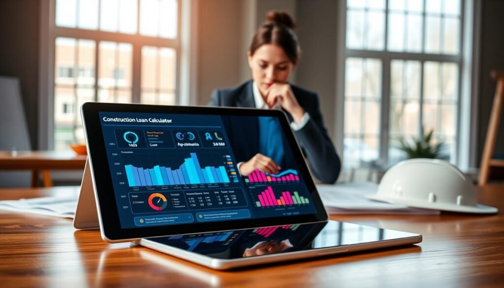 A modern, sleek construction loan calculator interface displayed on a high-end tablet, resting on a polished wooden desk. In the foreground, the tablet's touch screen showcases an interactive financial summary with vibrant neon-colored graphs and charts, radiating a sense of innovation and accessibility. The middle layer features a soft-focus business professional, dressed in smart attire, thoughtfully analyzing the data on the tablet, surrounded by construction blueprints and a hard hat on the desk. The background depicts a bright, airy office with large windows allowing natural light to pour in, accented by a soft, dreamy atmosphere. The entire scene combines elegance and functionality, emphasizing the theme of financial planning in construction. The lighting is bright and inviting, enhancing the modern, motivated mood. A modern, sleek construction loan calculator interface displayed on a high-end tablet, resting on a polished wooden desk. In the foreground, the tablet's touch screen showcases an interactive financial summary with vibrant neon-colored graphs and charts, radiating a sense of innovation and accessibility. The middle layer features a soft-focus business professional, dressed in smart attire, thoughtfully analyzing the data on the tablet, surrounded by construction blueprints and a hard hat on the desk. The background depicts a bright, airy office with large windows allowing natural light to pour in, accented by a soft, dreamy atmosphere. The entire scene combines elegance and functionality, emphasizing the theme of financial planning in construction. The lighting is bright and inviting, enhancing the modern, motivated mood.