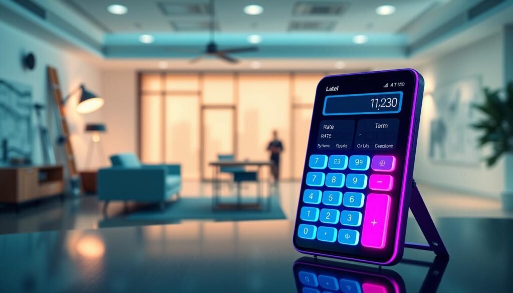 A sleek, modern construction loan payment calculator interface displayed prominently in the foreground, featuring vibrant neon colors and a glossy finish. The calculator screen shows rate and term inputs, designed with a user-friendly layout that highlights key buttons and input fields in a clear, organized manner. In the middle ground, a soft-focus office environment with minimalist furniture enhances the tech-savvy atmosphere, illuminated by gentle ambient lighting. In the background, blurred silhouettes of construction blueprints and tools hint at the construction industry without distraction. The overall mood is professional and futuristic, ideal for high-end magazine aesthetics, emphasizing clarity and efficiency. The scene is shot with a slightly elevated angle, highlighting the calculator's design while keeping the focus on the functionality it offers. A sleek, modern construction loan payment calculator interface displayed prominently in the foreground, featuring vibrant neon colors and a glossy finish. The calculator screen shows rate and term inputs, designed with a user-friendly layout that highlights key buttons and input fields in a clear, organized manner. In the middle ground, a soft-focus office environment with minimalist furniture enhances the tech-savvy atmosphere, illuminated by gentle ambient lighting. In the background, blurred silhouettes of construction blueprints and tools hint at the construction industry without distraction. The overall mood is professional and futuristic, ideal for high-end magazine aesthetics, emphasizing clarity and efficiency. The scene is shot with a slightly elevated angle, highlighting the calculator's design while keeping the focus on the functionality it offers.