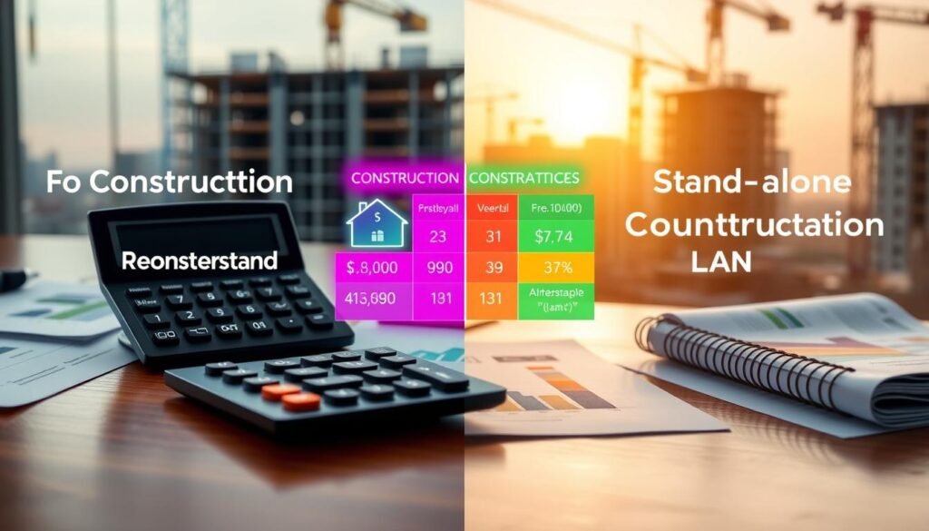 A split image showcasing a construction-to-permanent loan on one side and a stand-alone construction loan on the other. In the foreground, a sleek, modern calculator is positioned on a polished wooden desk with paperwork spread out, depicting graphs and financial figures. The middle section features a vibrant, stylized infographic comparing both loan types, using neon colors to highlight key differences. In the background, a blurred construction site scene provides context, with cranes and buildings under construction, bathed in a soft, golden hour light for an inviting atmosphere. The overall aesthetic is high-end magazine advertisement quality, encapsulating the theme of financial clarity and planning. A split image showcasing a construction-to-permanent loan on one side and a stand-alone construction loan on the other. In the foreground, a sleek, modern calculator is positioned on a polished wooden desk with paperwork spread out, depicting graphs and financial figures. The middle section features a vibrant, stylized infographic comparing both loan types, using neon colors to highlight key differences. In the background, a blurred construction site scene provides context, with cranes and buildings under construction, bathed in a soft, golden hour light for an inviting atmosphere. The overall aesthetic is high-end magazine advertisement quality, encapsulating the theme of financial clarity and planning.